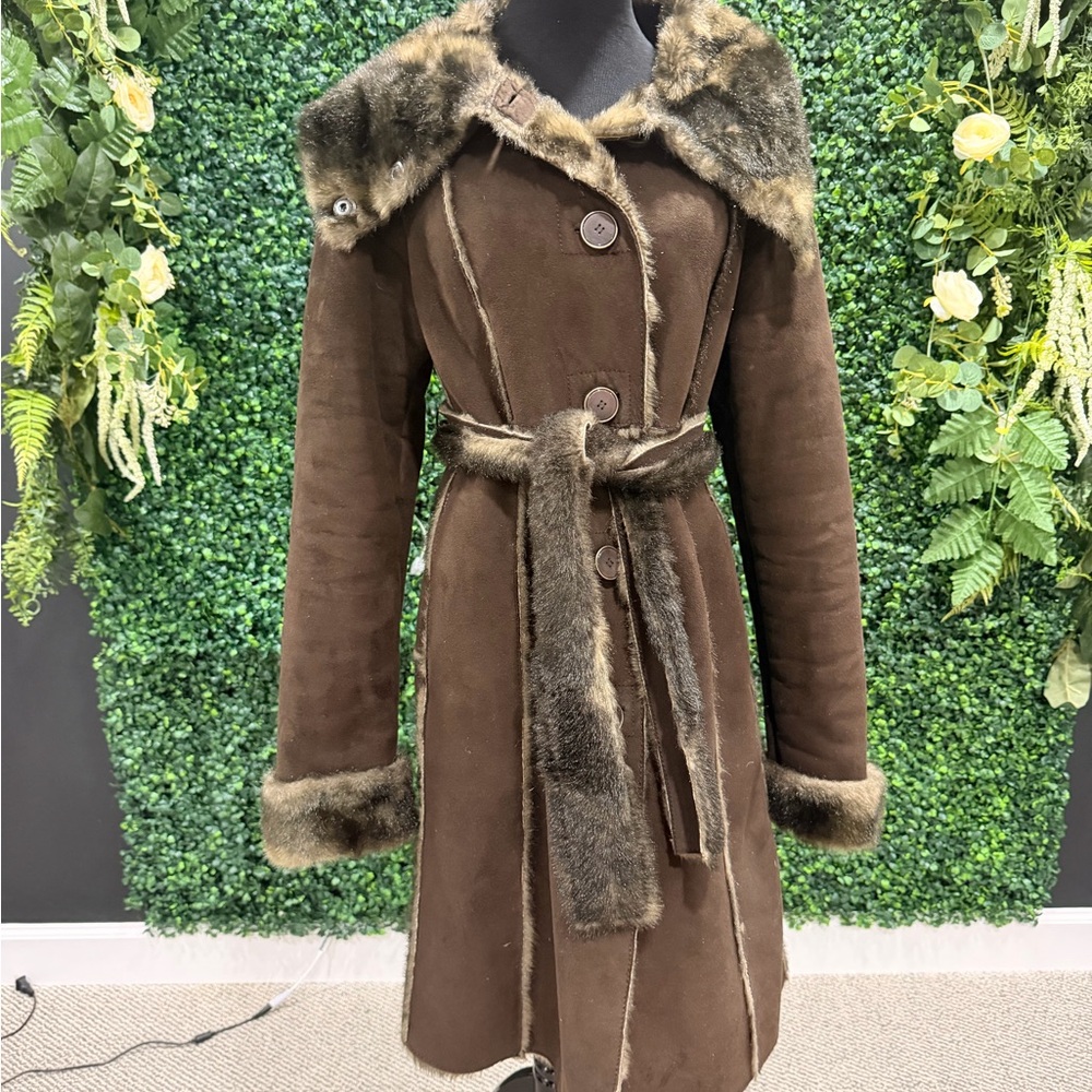 Brown Faux Fur Trim Long Coat - Women
